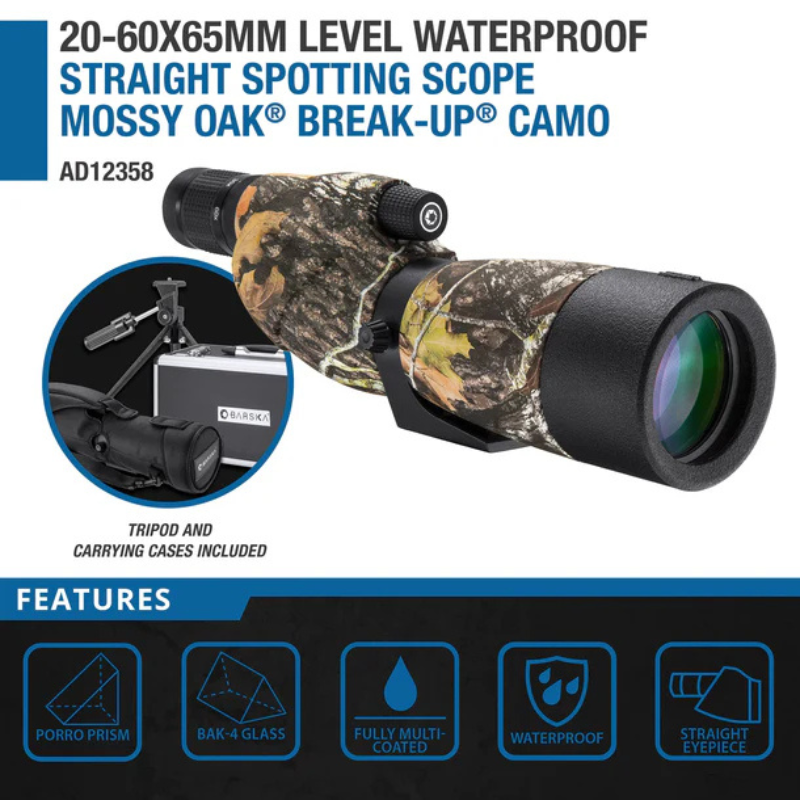 BARSKA | 20-60x65mm Level Waterproof Straight Spotting Scope, Mossy Oak® Break-Up® Camo | AD12358