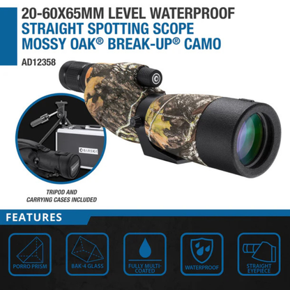 BARSKA | 20-60x65mm Level Waterproof Straight Spotting Scope, Mossy Oak® Break-Up® Camo | AD12358